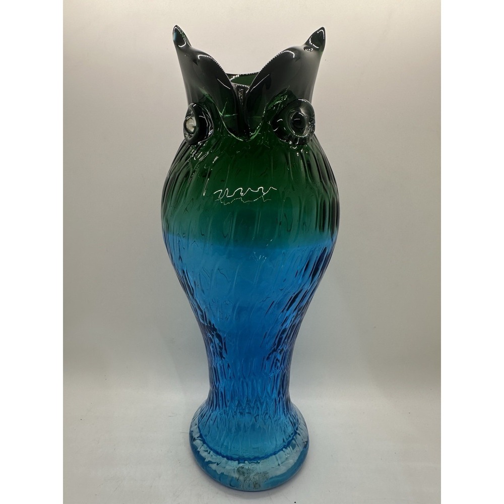 Vintage Murano Style Art‎ Glass Owl Vase Blue Green Hand Blown 11"